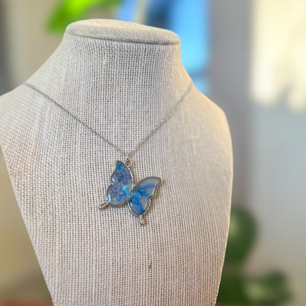 Butterfly Pendant - Dried Flowers & Petals with Mother of Pearl 