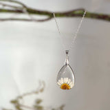 Daisy Teardrop Pendant - Real Dried Flower Jewelry in Silver and Gold 