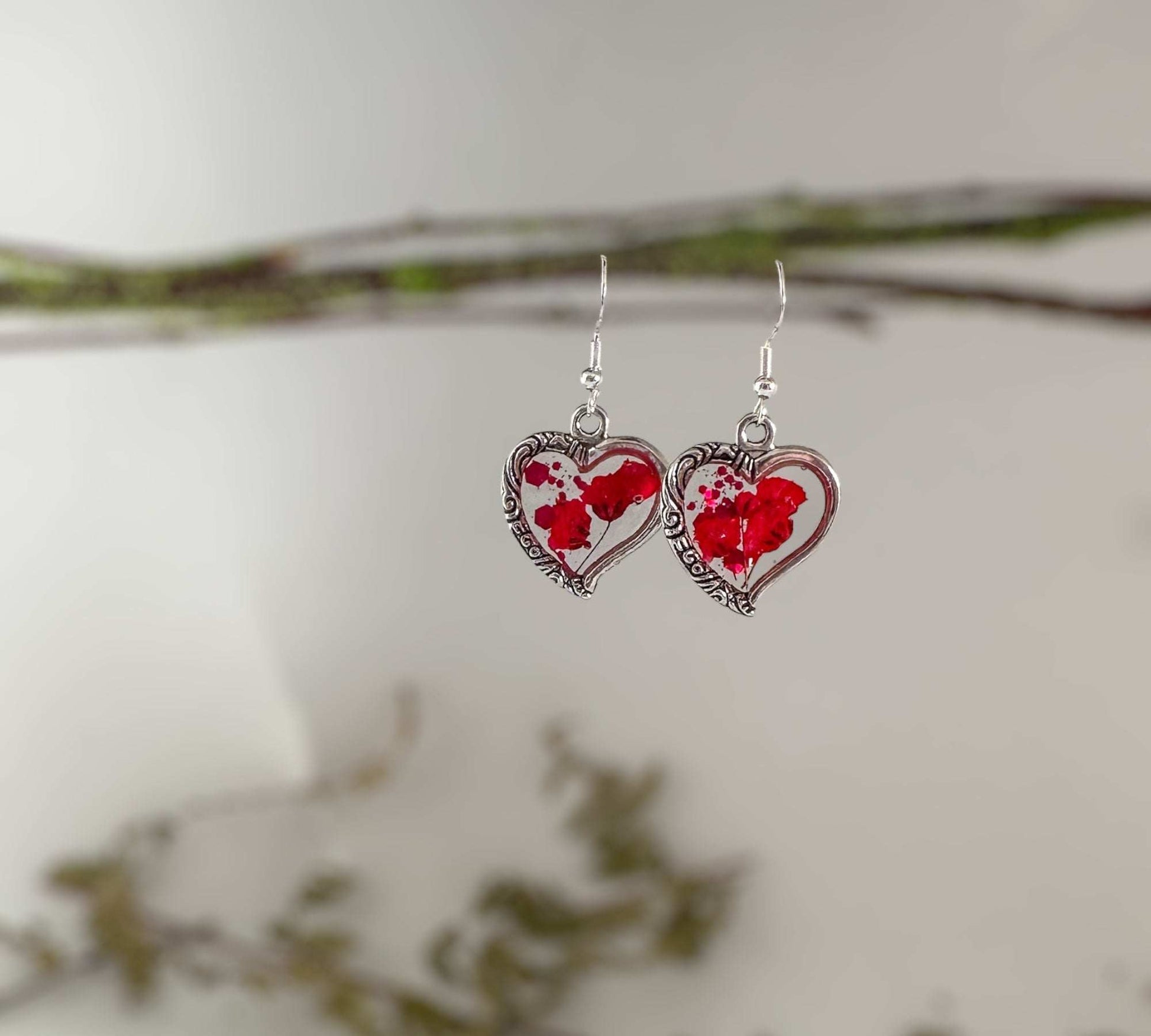 Heart Shaped Rose Red Floral Earring Set - Handmade with Dried Flowers