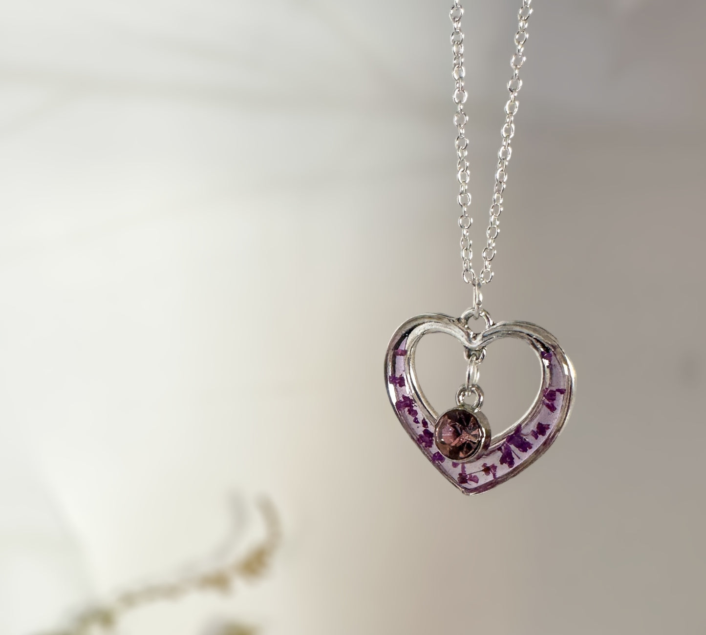 Purple Heart Pendant - Silver Heart with Pressed Purple Flower Petals