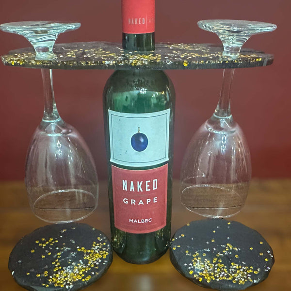Wine Glass Caddy with 2 Coasters - Diamond Noir Wine Elegance Set