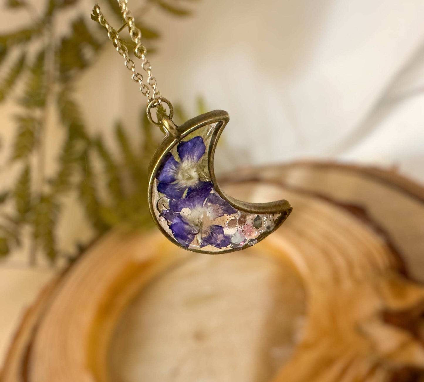 Lunar Blooms: Resin Moon Pendant Handmade with Resin & Dried Flowers  