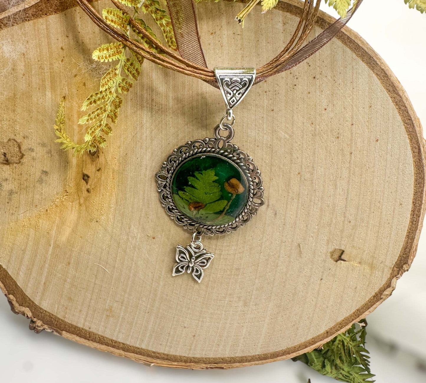 Mushroom Pendant - Magical Green Forest with Silver Butterfly