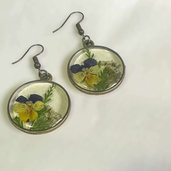Pansy Earrings: Nature Inspired - Real Fern and Delicate Flowers 