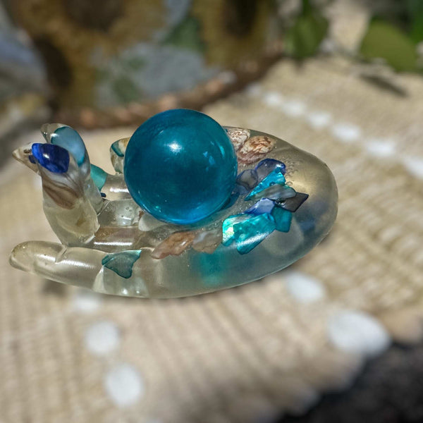 Blue Quartz Crystal Handmade Resin Sphere Hand - Seaside Harmony