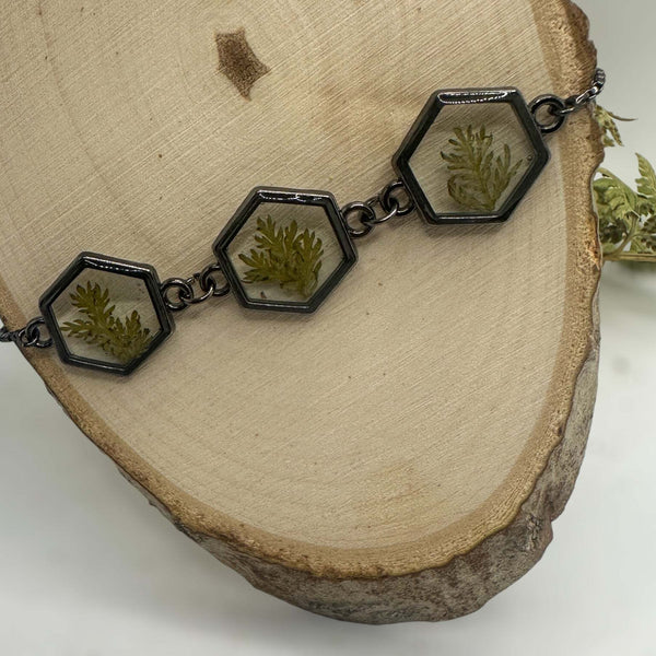 Black Forest: Black Hexagon Handmade Trio Bracelet with Botanicals