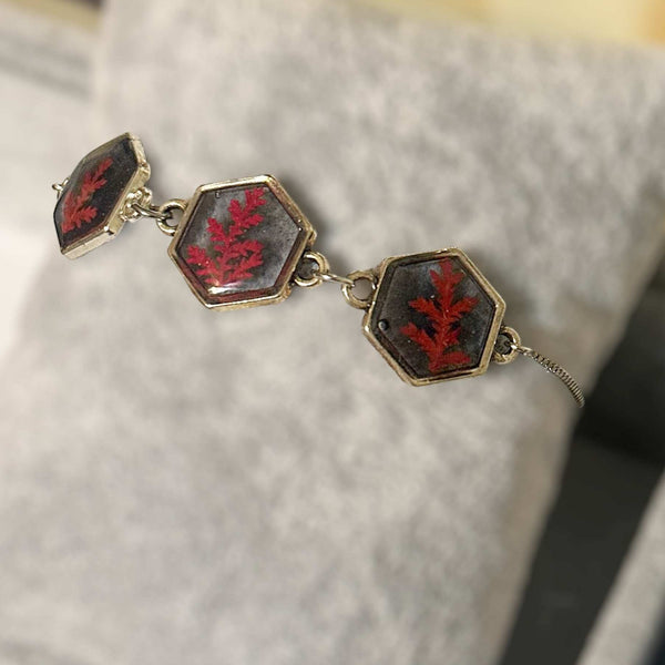 Black Forest Whimsy: Silver Hexagon Handmade Trio Bracelet Red Fern