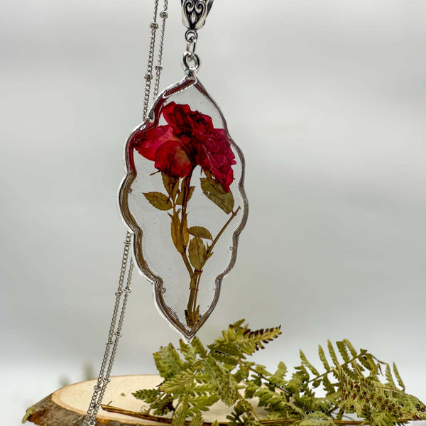 Roses are Red - Real Dried Rose Silver Leaf Necklace - Nature-Inspired