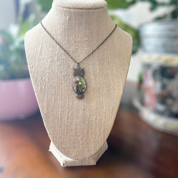 Enchanting Owl Mushroom Forest Pendant - Dried Ferns and Mushrooms