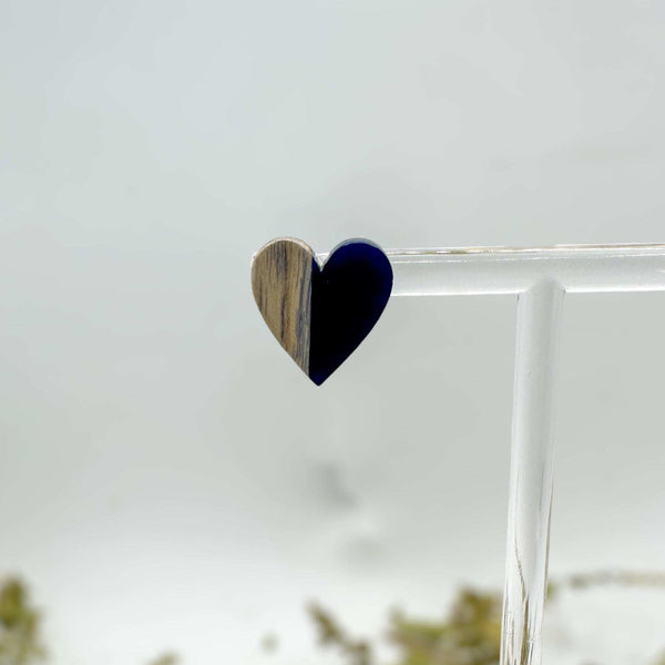 Heartfelt Boho Bliss: Whimsical Wood and Dark Blue Resin Heart Earring