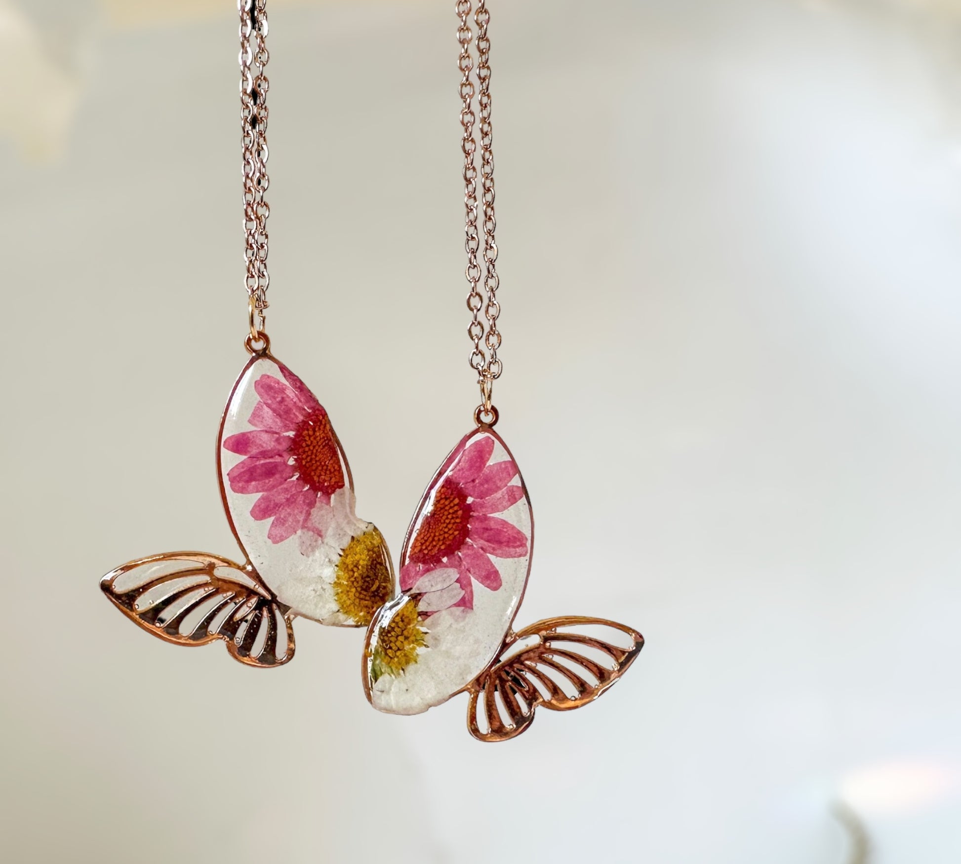 Pressed Daisy Flower Butterfly Rose Gold Pendant Nature's Bloom