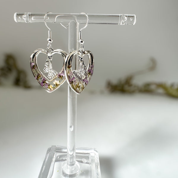 Silver Heart Earrings - Pressed Flowers Purple & Red Floral Design