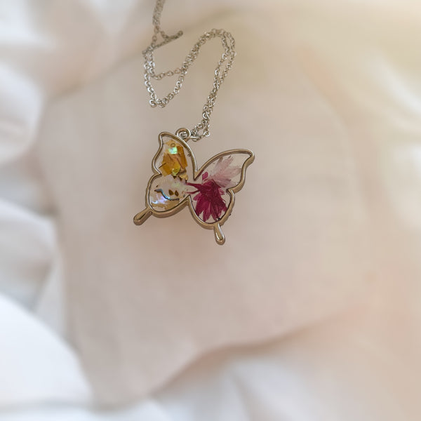 Butterfly Pendant - Dried Flowers & Petals with Mother of Pearl 