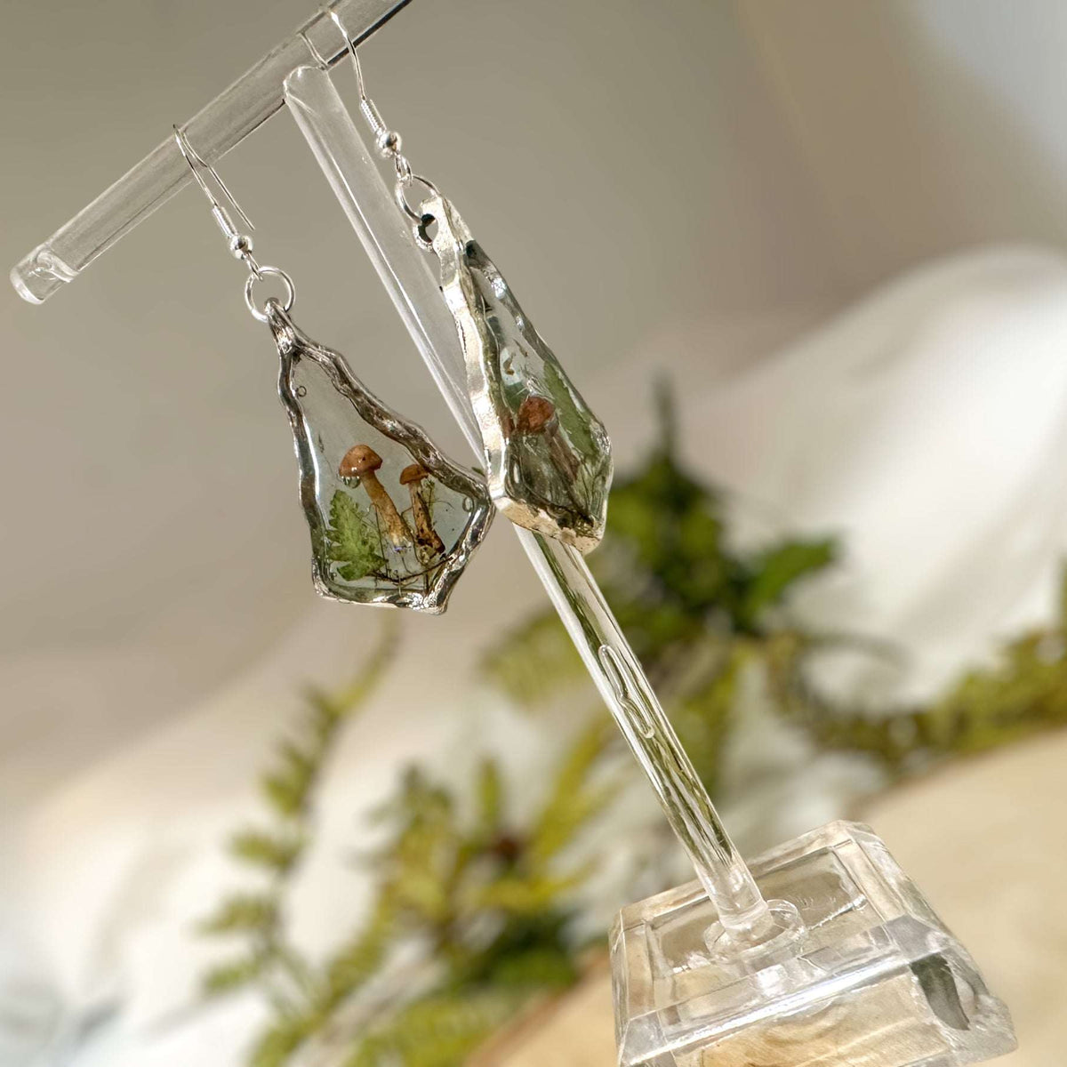 Mushroom Forest Handmade Silver Drop Earrings with Pressed Ferns
