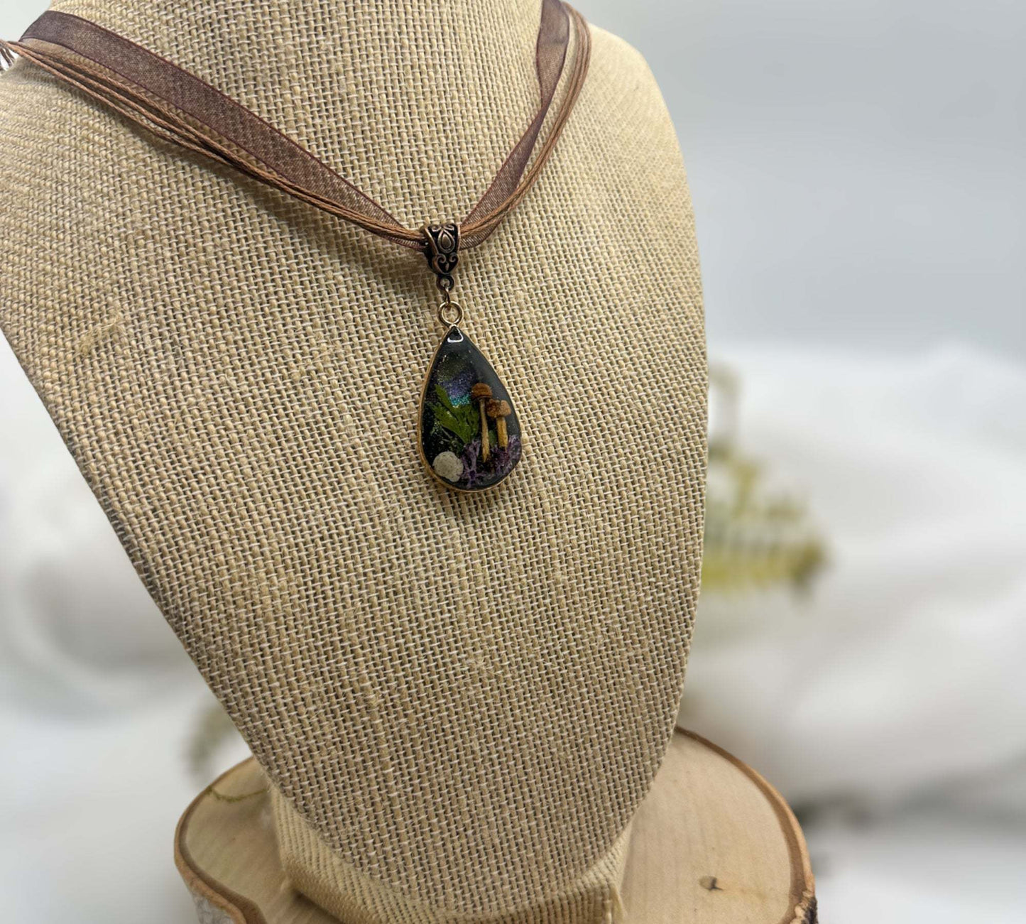 Mini Forest: Teardrop Pendant with Northern Lights and Mushrooms