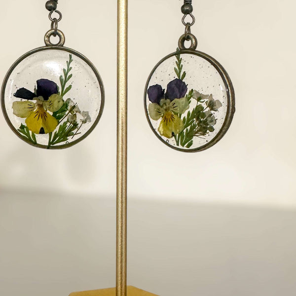 Pansy Earrings: Nature Inspired - Real Fern and Delicate Flowers 