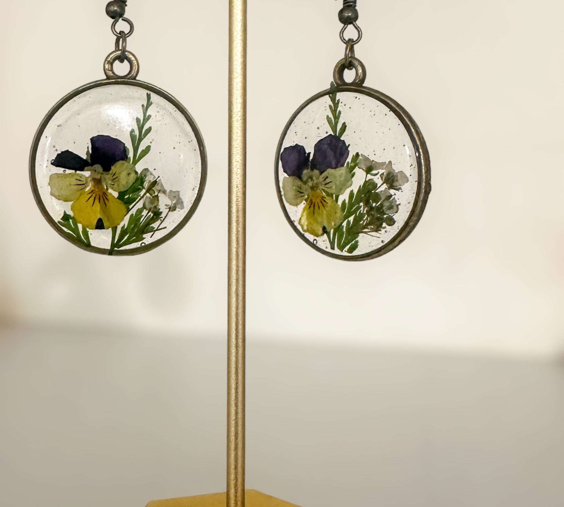 Pansy Earrings: Nature Inspired - Real Fern and Delicate Flowers 