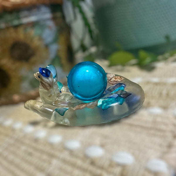 Blue Quartz Crystal Handmade Resin Sphere Hand - Seaside Harmony