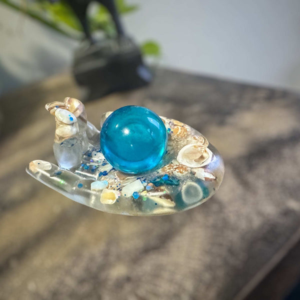 Blue Quartz Crystal Handmade Resin Sphere Hand - Seaside Harmony