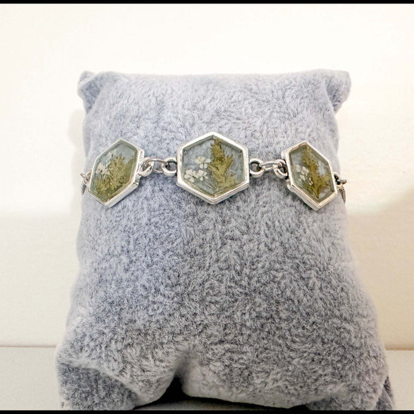 Fern Elegance: Silver Hexagon Handmade Trio Bracelet with Dried Flower