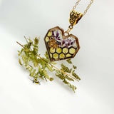 Bee Pendant - Blossom Buzz Harmony Heart - Handmade with Dried Flowers