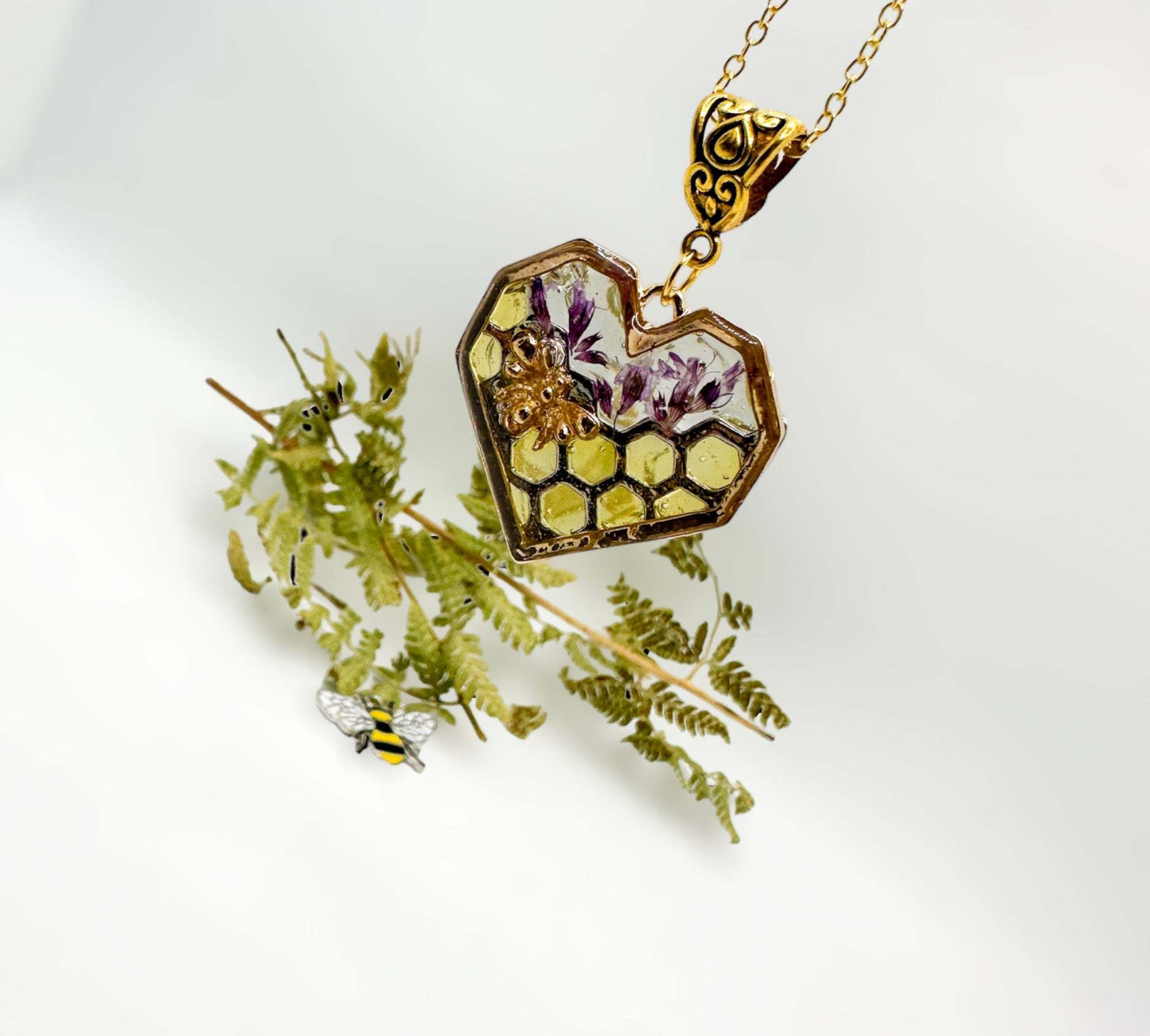Bee Pendant - Blossom Buzz Harmony Heart - Handmade with Dried Flowers