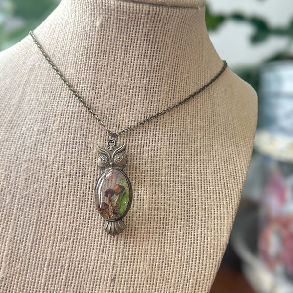Enchanting Owl Mushroom Forest Pendant - Dried Ferns and Mushrooms
