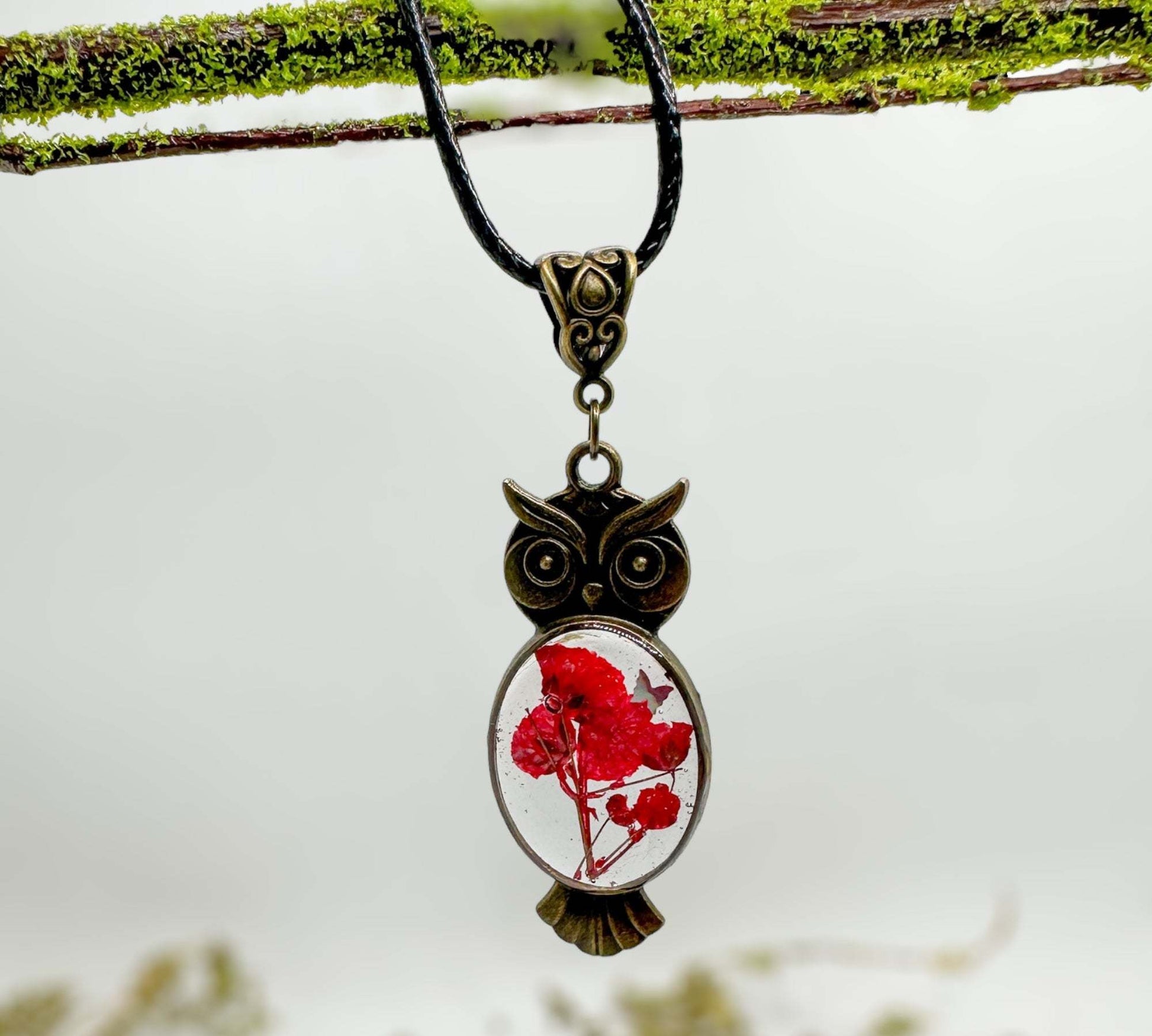 Owl Pendant - Red Blooms and Butterflies - Pressed Flower Necklace