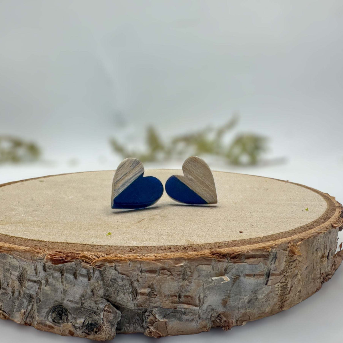 Heartfelt Boho Bliss: Whimsical Wood and Dark Blue Resin Heart Earring
