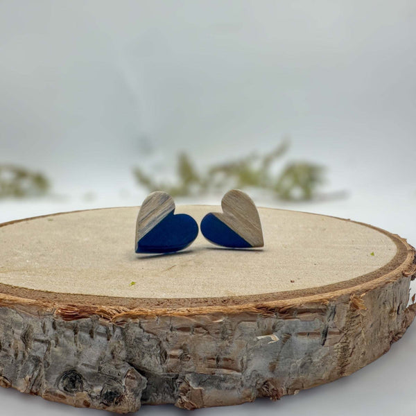 Heartfelt Boho Bliss: Whimsical Wood and Dark Blue Resin Heart Earring