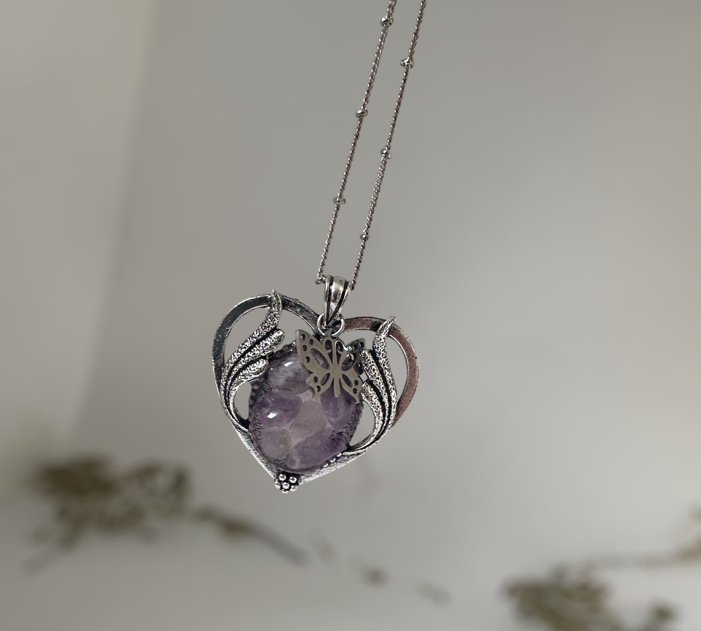 Amethyst Gemstone Heart Necklace: Handmade Silver Elegance Gemstones