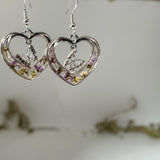 Silver Heart Earrings - Pressed Flowers Purple & Red Floral Design