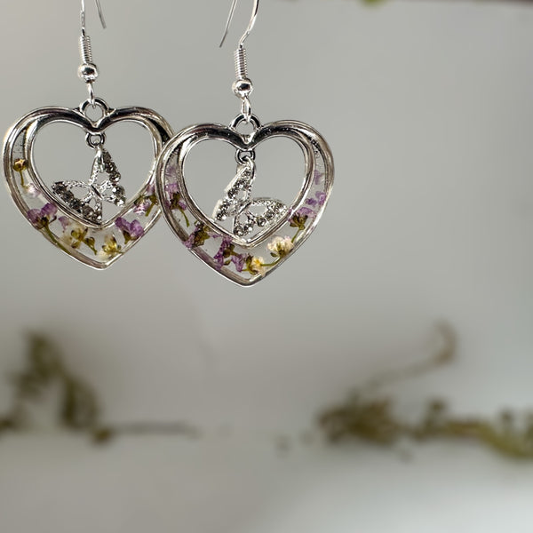 Silver Heart Earrings - Pressed Flowers Purple & Red Floral Design