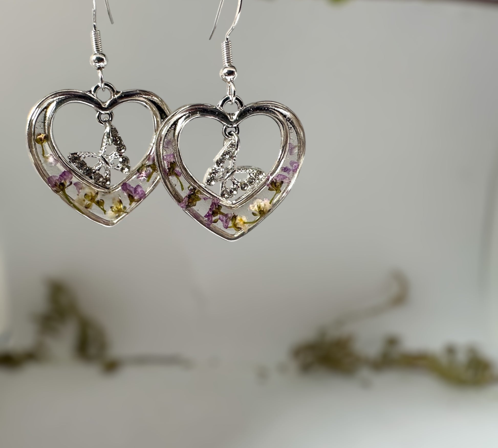 Silver Heart Earrings - Pressed Flowers Purple & Red Floral Design