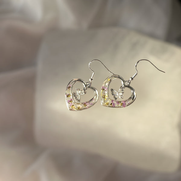 Silver Heart Earrings - Pressed Flowers Purple & Red Floral Design