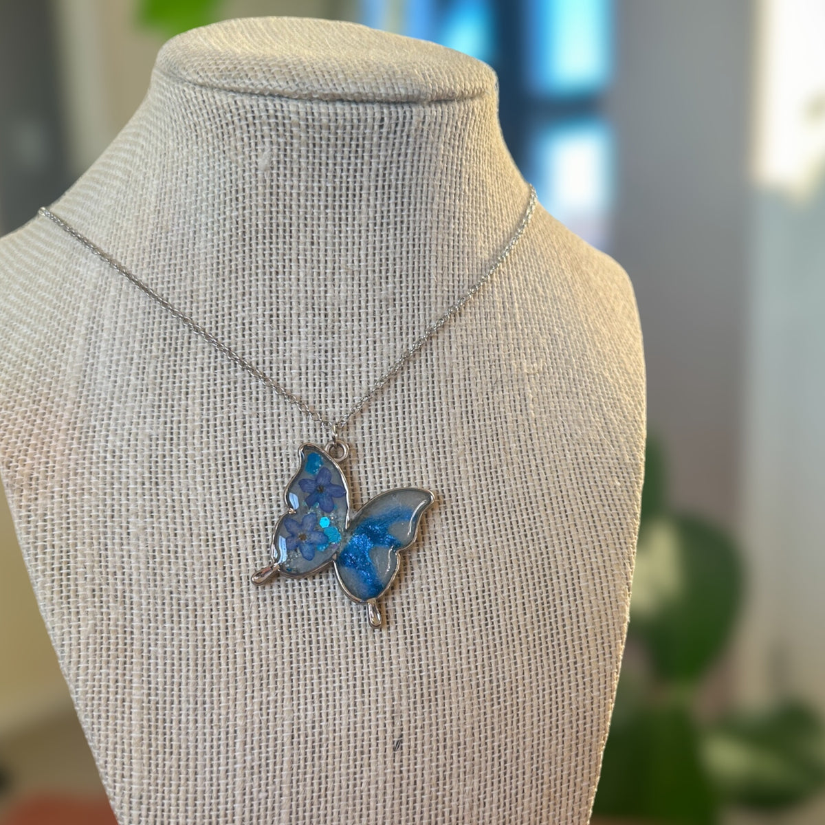 Butterfly Pendant - Dried Flowers & Petals with Mother of Pearl 