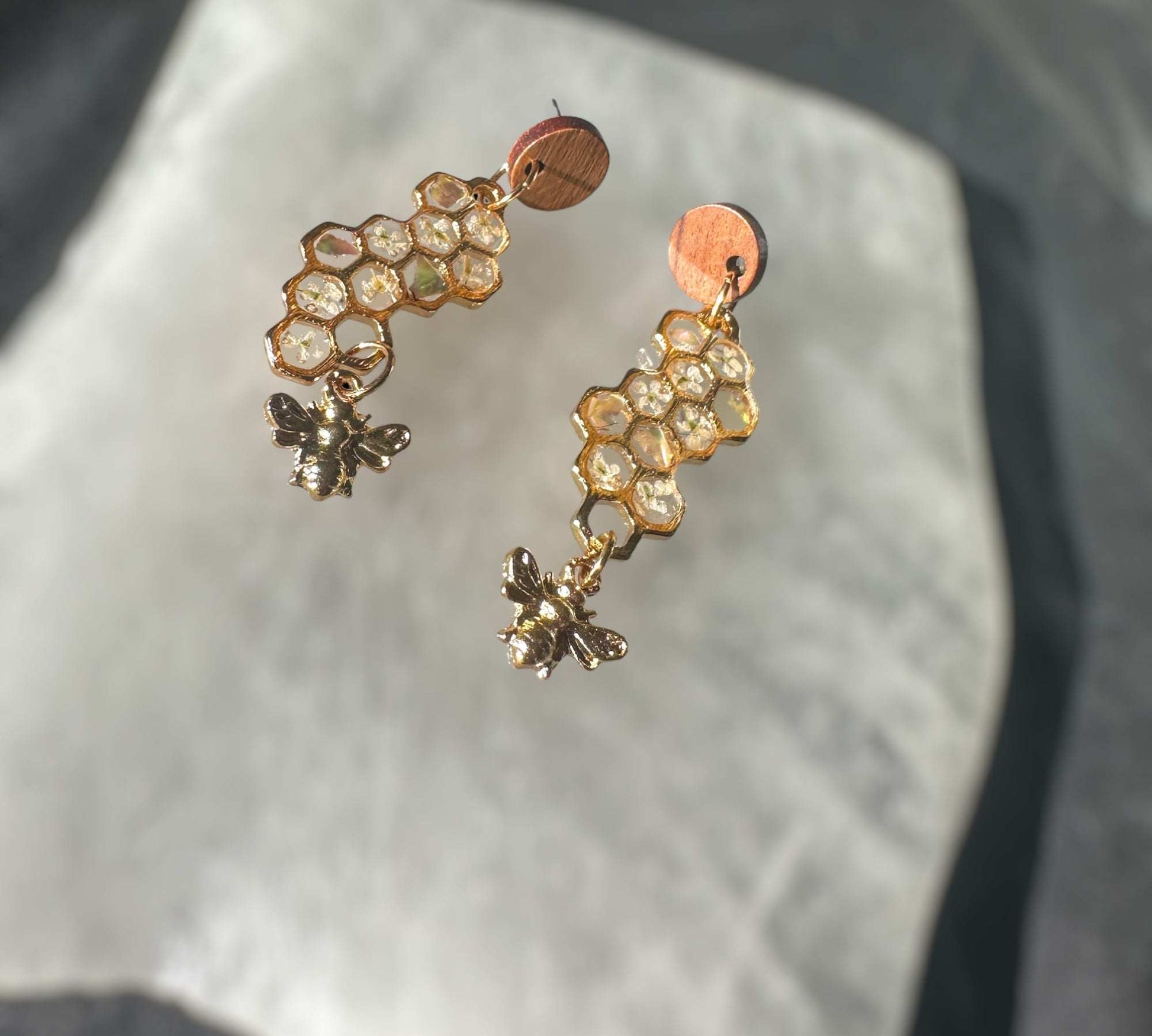 Bee Harmony Earring Set - Handmade Earrings with Pressed White Flowers