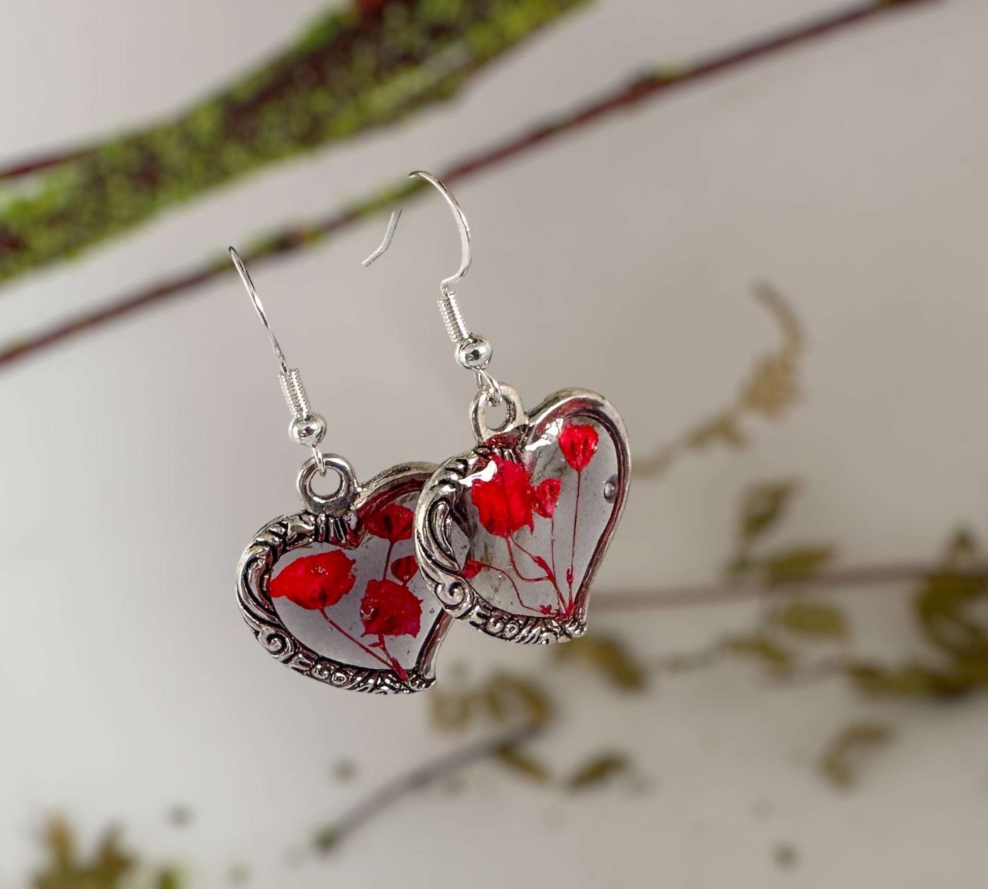 Heart Shaped Rose Red Floral Earring Set - Handmade with Dried Flowers