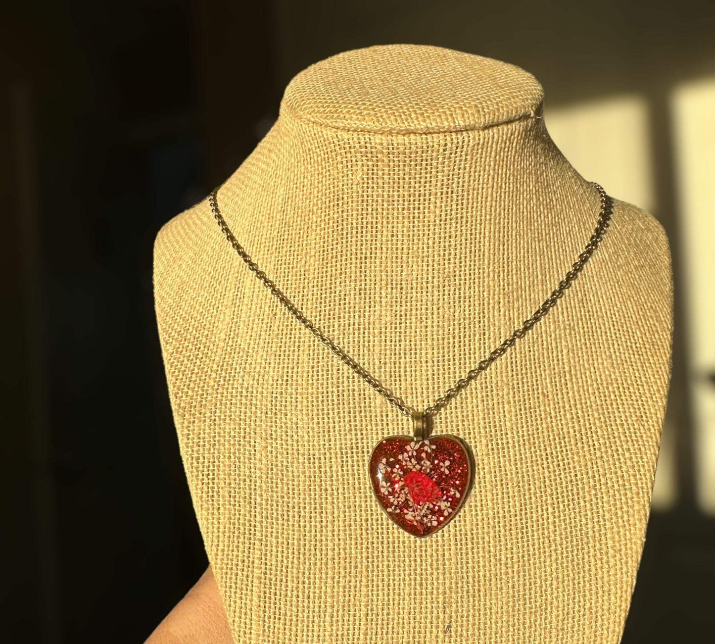 Red Heart Pendant - Antique Bronze Necklace with Pressed White FlowersRed Heart Pendant - Antique Bronze Heart with Pressed White Flowers