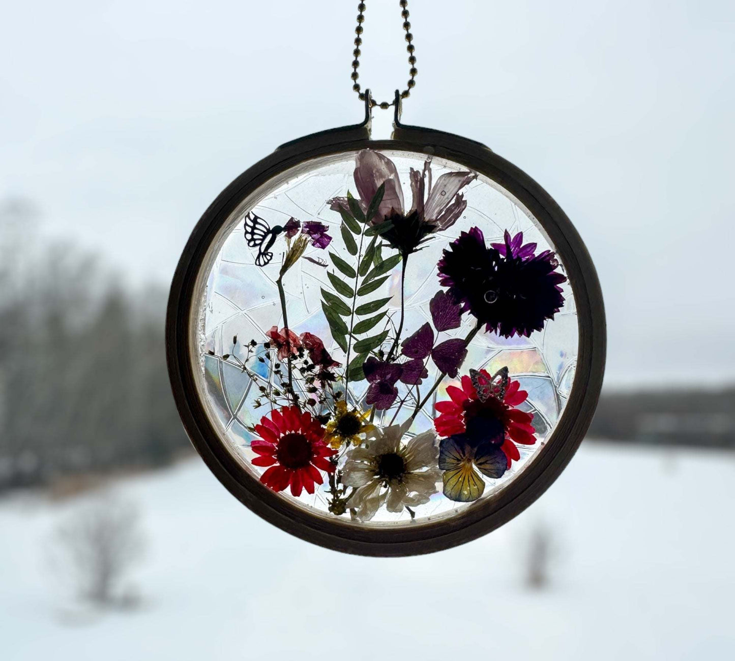 Floral Suncatcher with Rainbow Effect - Pressed Flowers Window Decor