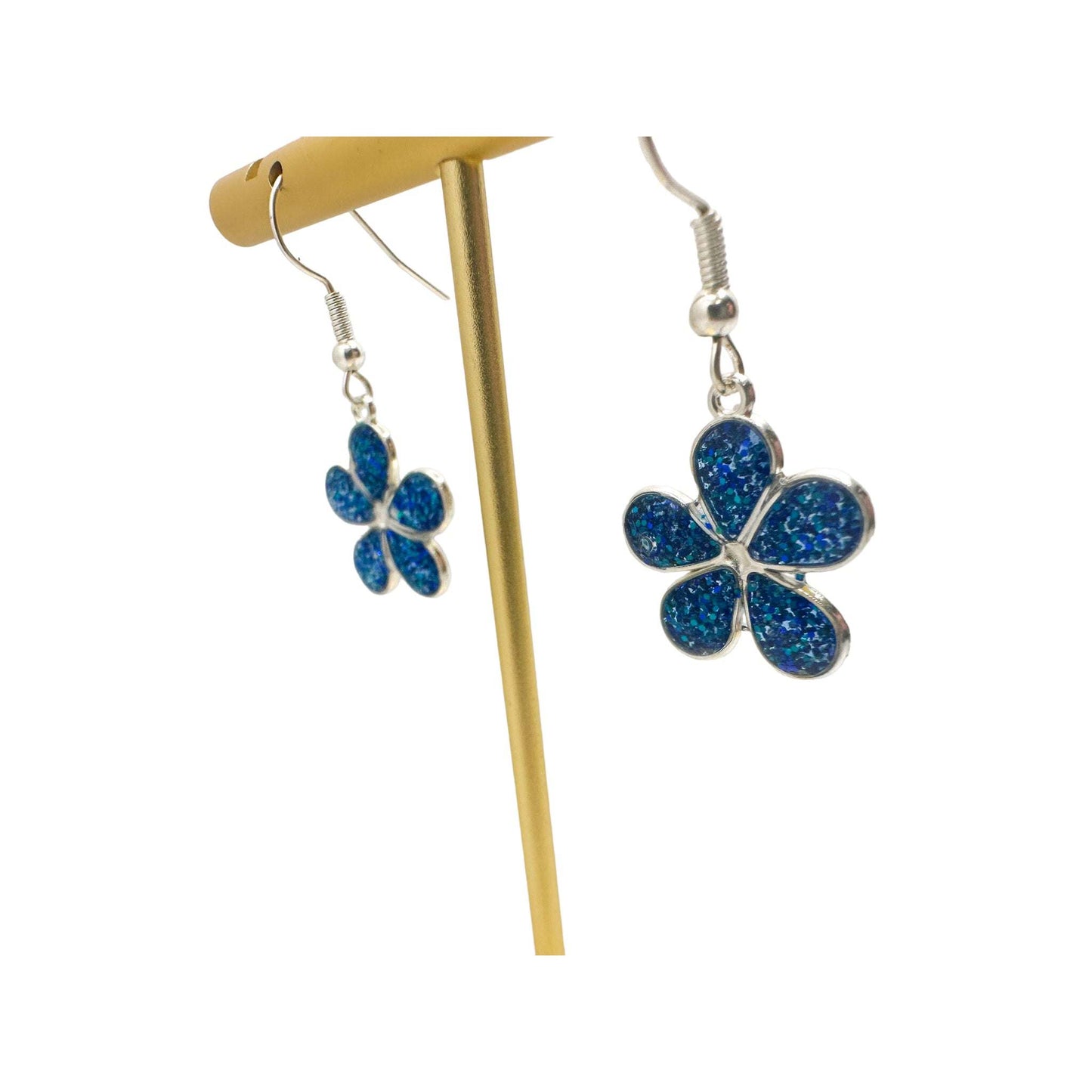 Boucles d'Oreilles Fleur - Paillettes Bleues &amp; Monture Argentée