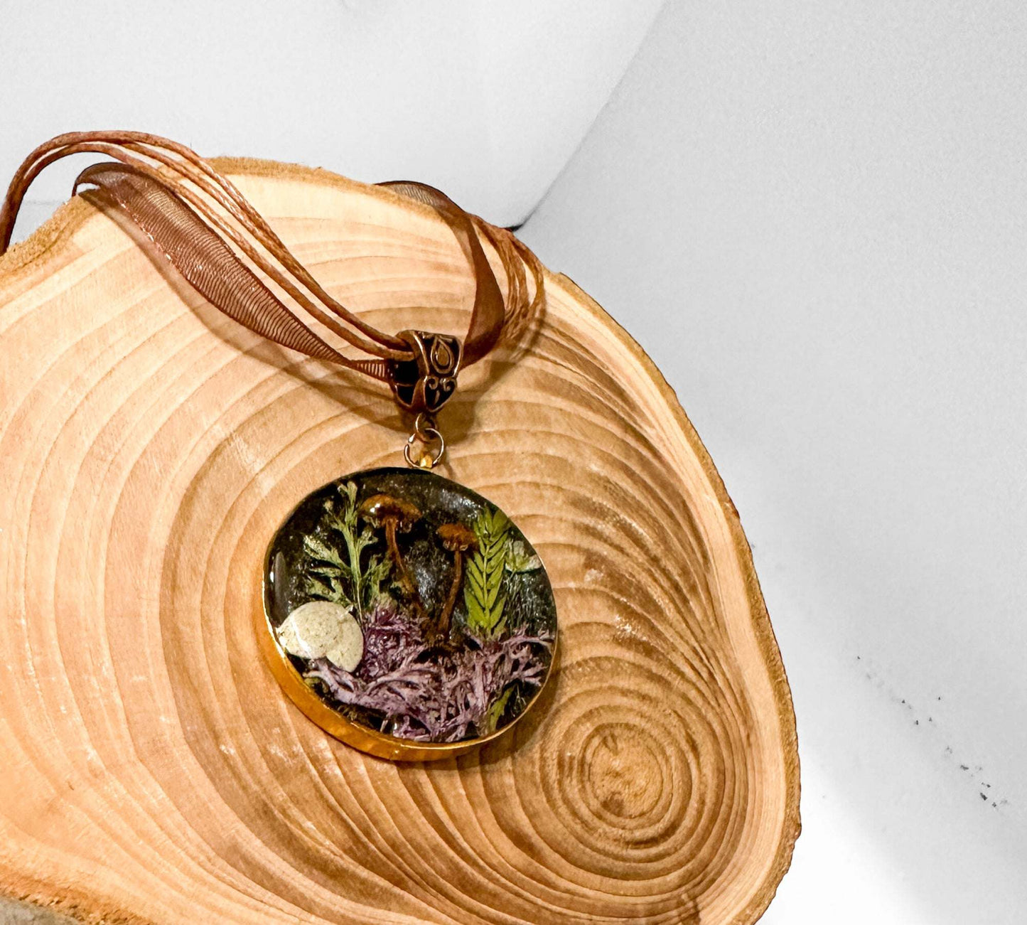 Forest at Night - Resin Botanical Necklace with Mini Mushrooms & Ferns