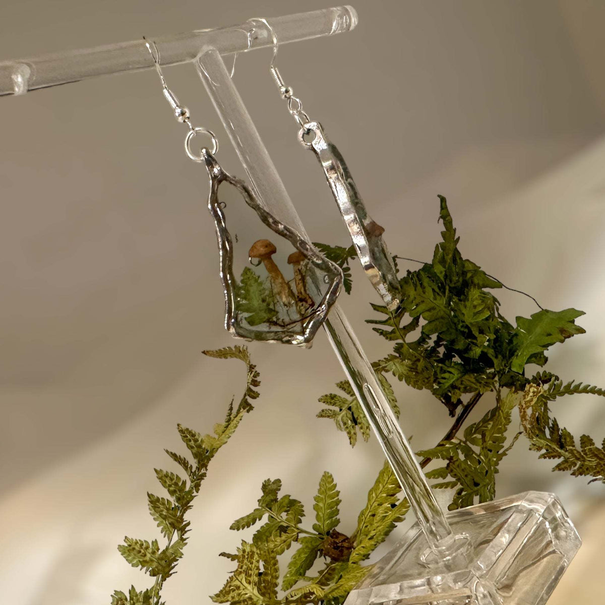 Mushroom Forest Handmade Silver Drop Earrings with Pressed Ferns
