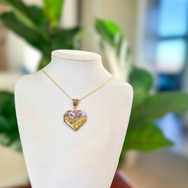 Bee Pendant - Blossom Buzz Harmony Heart - Handmade with Dried Flowers