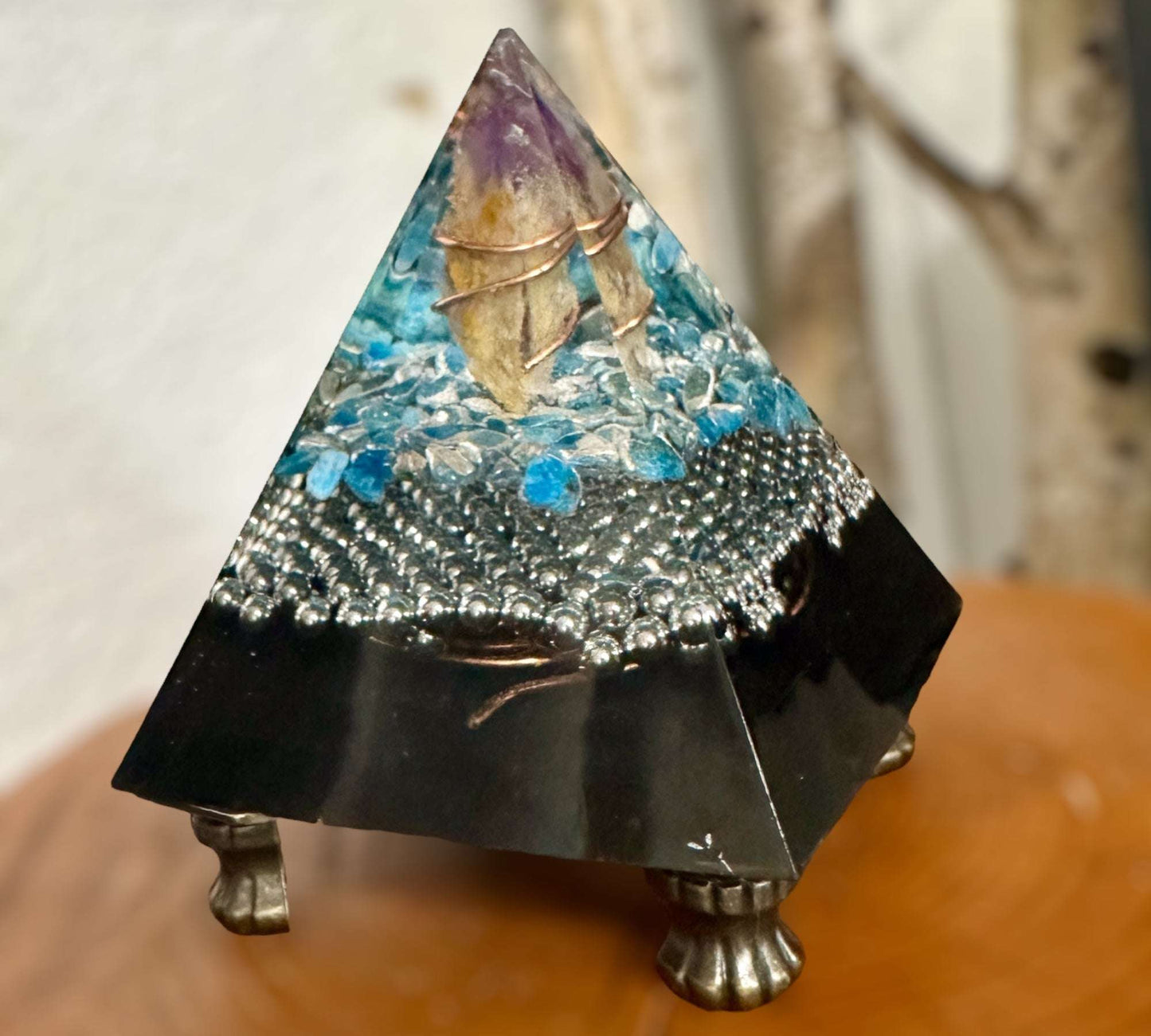 Amethyst Orgonite Pyramid with Blue Apatite Gemstones