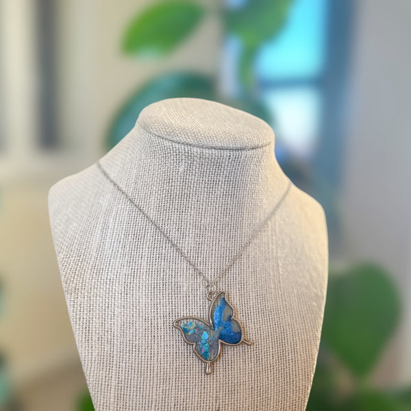 Butterfly Pendant - Dried Flowers & Petals with Mother of Pearl 