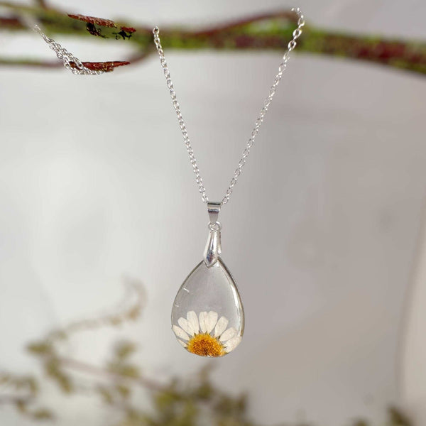 Daisy Teardrop Pendant - Real Dried Flower Jewelry in Silver and Gold 