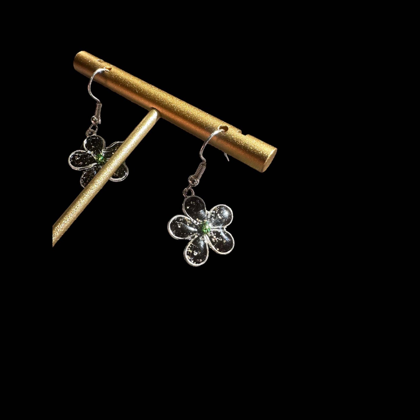 Earring Handmade Resin Flower Earring Set - Black and Silver Glitter