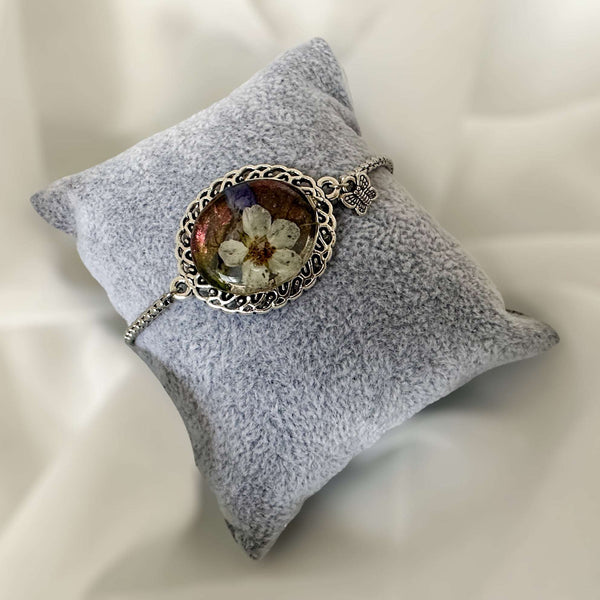 Bracelet Handmade with Dried Flower Accents & Silver Elegance 