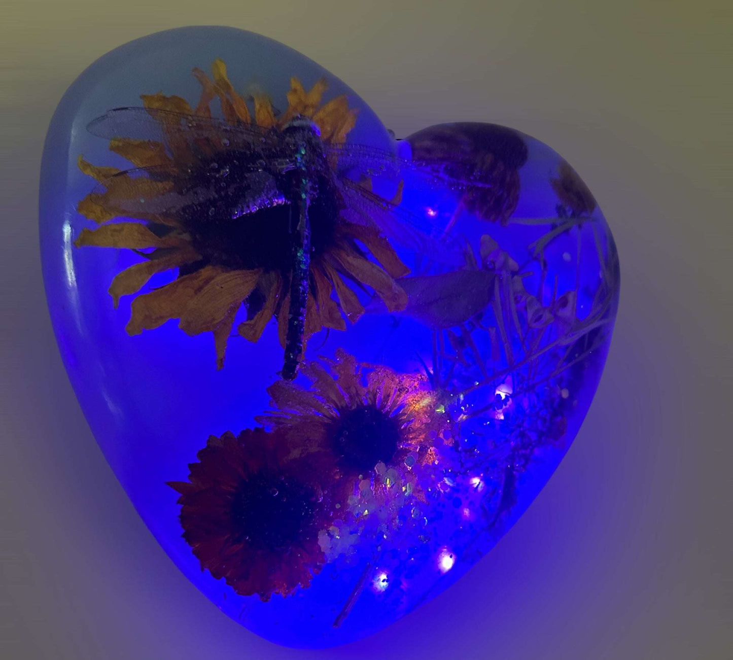 Dragonfly Heart Epoxy Resin Wall Art with Sunflower and a Dragonfly